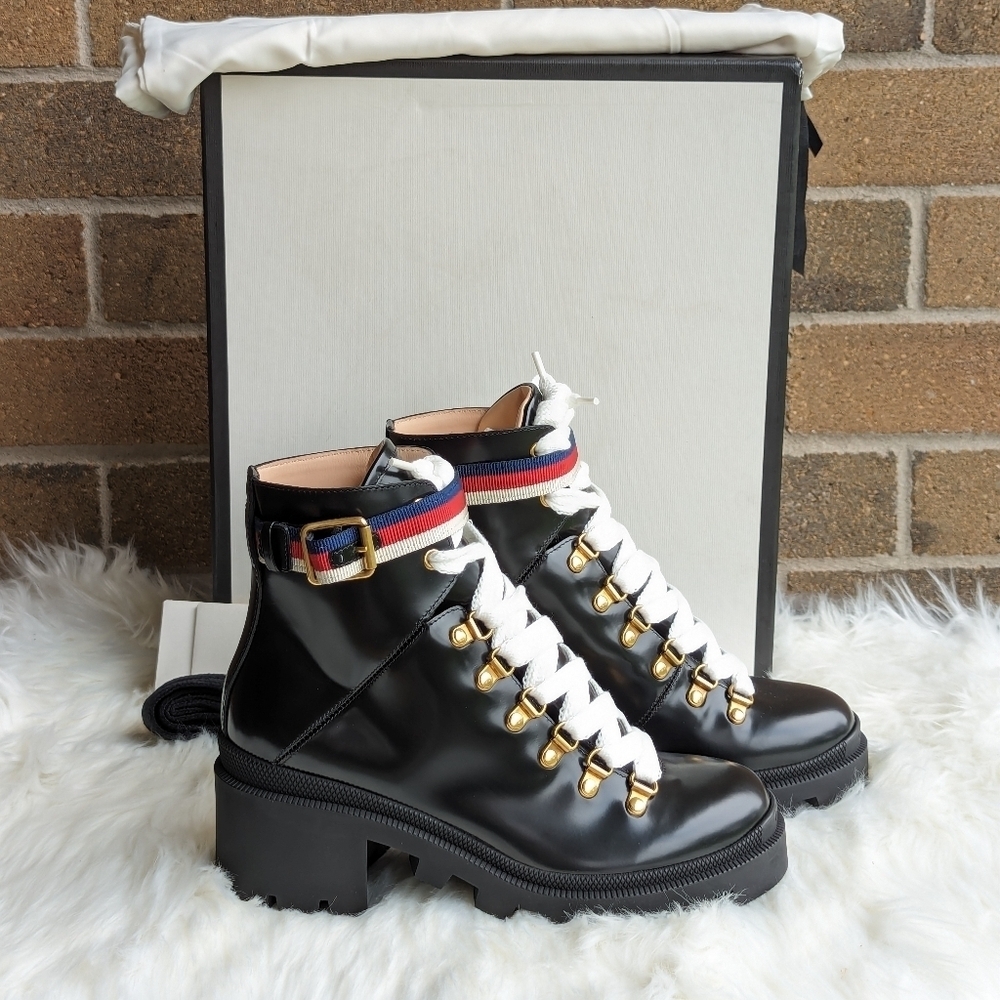 Gucci Sylvie Web Lace Up Ankle Combat Leather Boots